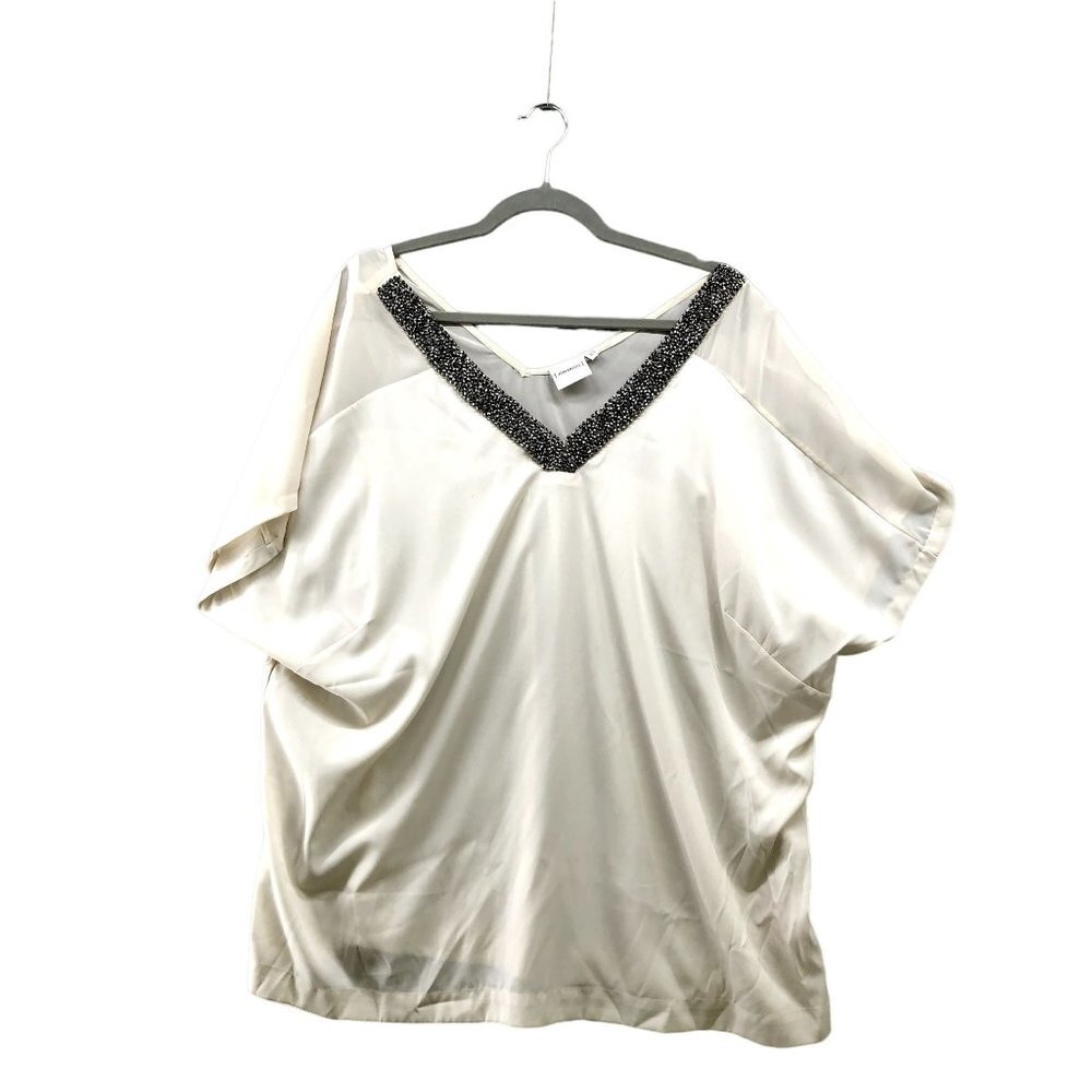 Junarose Blouse Womens Size‎ 22 Ivory V-neck Beaded Chiffon Short Sleeve